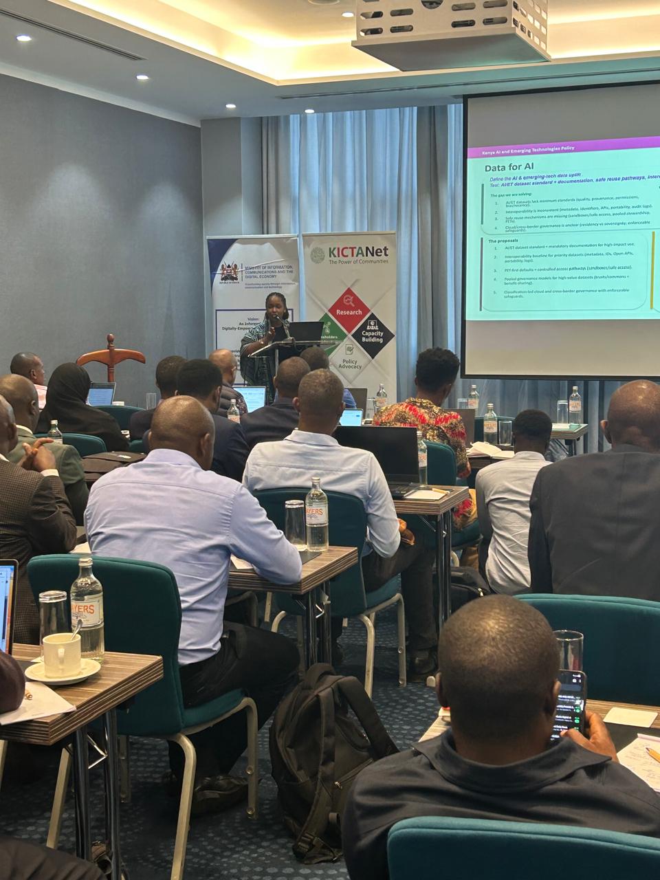 Jessica Wangai presenting the “Data for AI” session during the Kenya AI and Emerging Technologies Policy process.