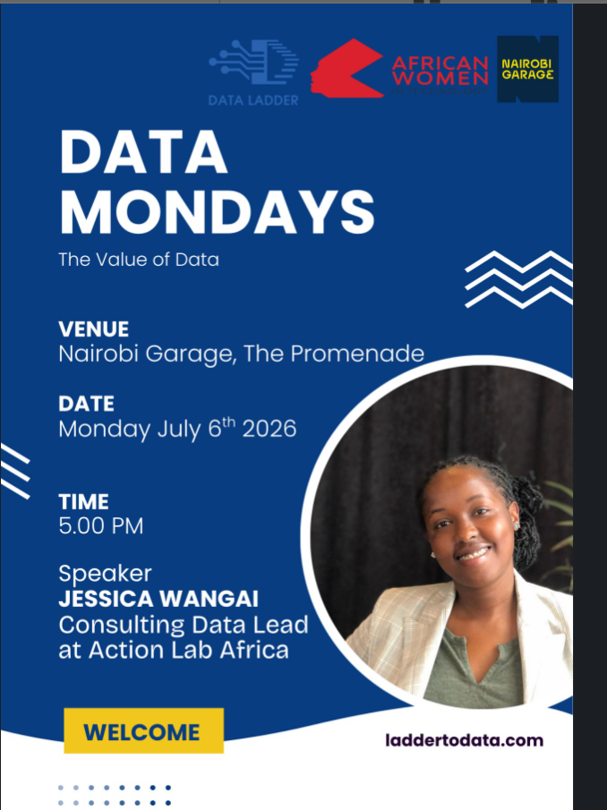 Data Mondays session poster — “The Value of Data”, Nairobi Garage, July 2026.