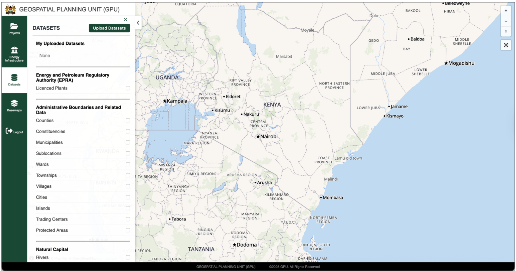 Geospatial Planning Unit interface showing contextual dataset layers and administrative boundaries used in energy planning.